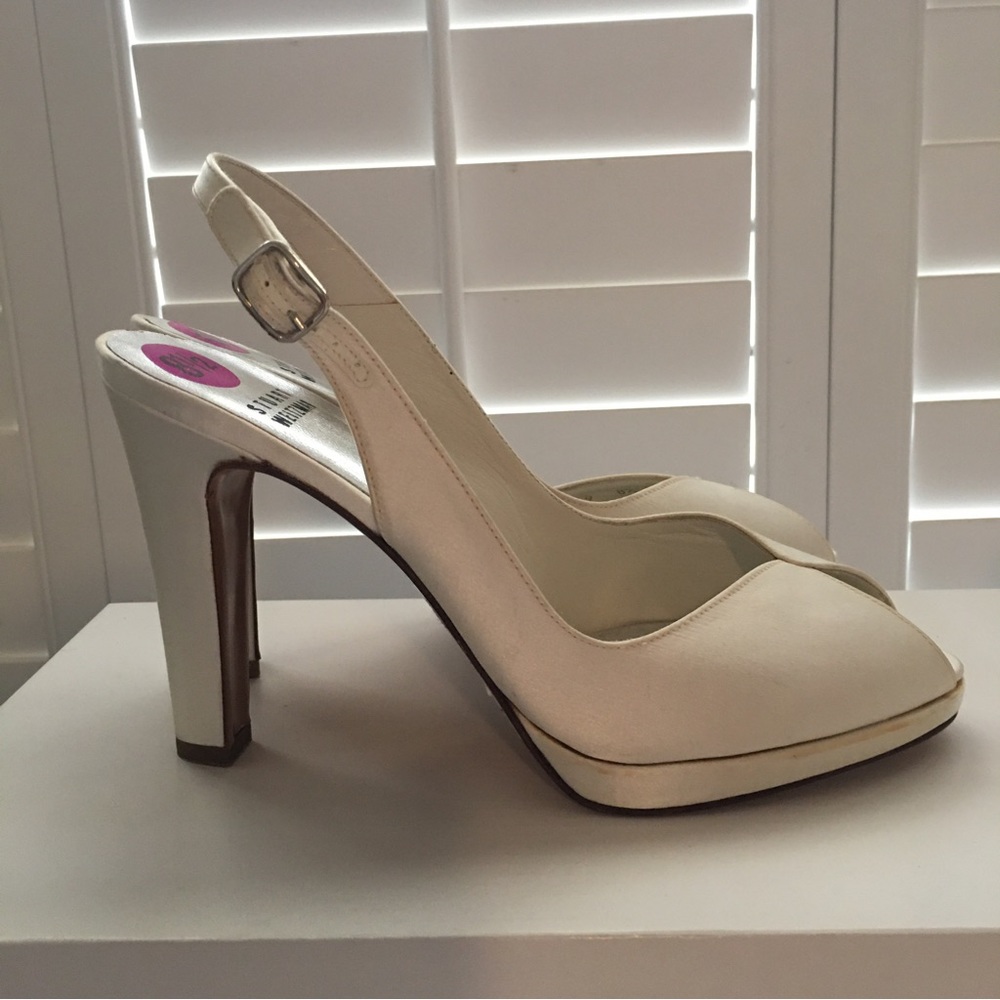 White Satin Stewart Weitzman Open Toe Heels 8.5